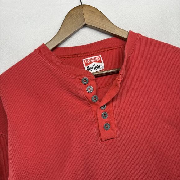 Vintage Marlboro Unlimited Thermal Shirt men's Large Red Henley Button 90s Blank - Picture 1 of 7